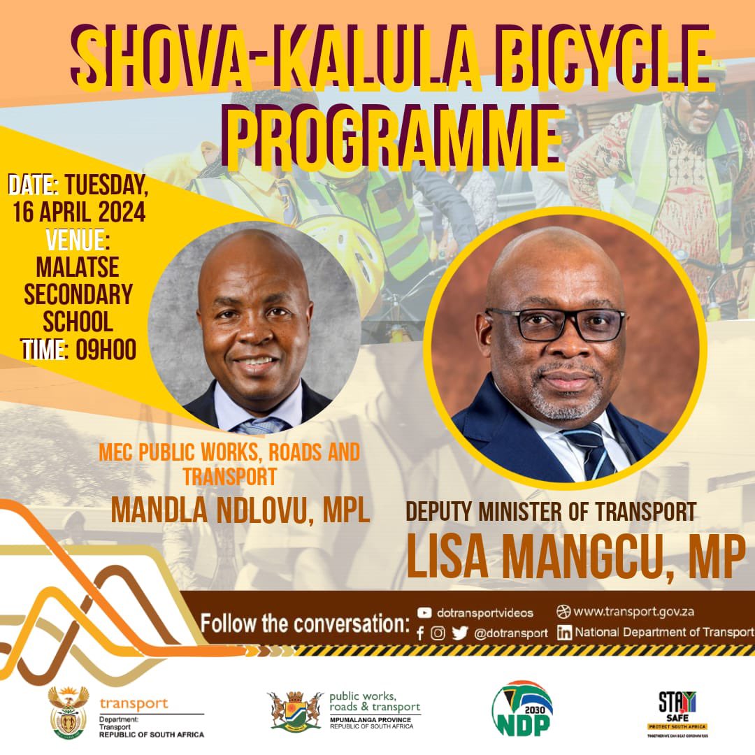 The Deputy Minister of Transport, Hon.  @MangcuLisa will today distribute over 200 bicycles to deserving learners in the Dr J.S. Moroka Local Municipality in Mpumalanga.

#shovakalula #Siyasebenza
