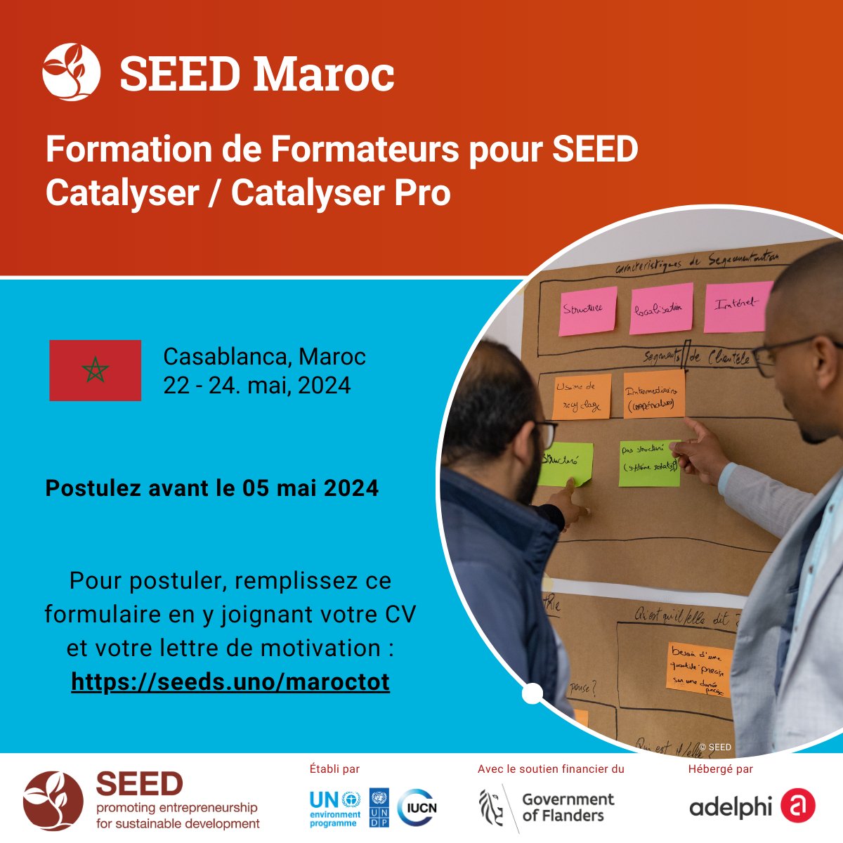 🌿 Appel à candidatures ! 📢 Participez à notre programme de formation des formateurs du 27 au 29 mai à Casablanca pour découvrir nos outils SEED, études de cas et autres ressources pour le développement d'entreprises éco-inclusives : seeds.uno/maroctot #Maroc
