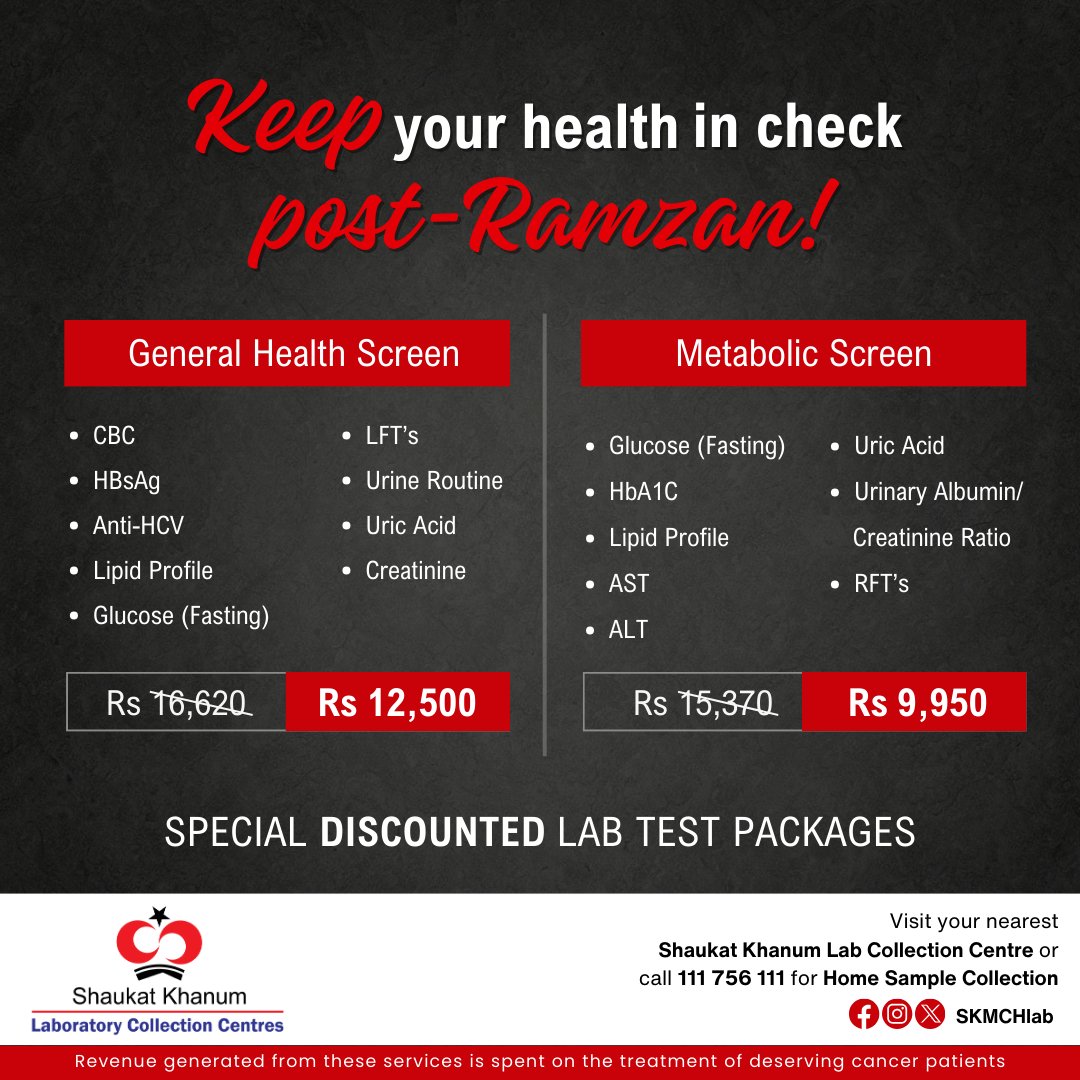 Shaukat Khanum Lab offers special discounted lab test packages to keep your health in check post-Ramzan! For home sample collection 📞𝟏𝟏𝟏 𝟕𝟓𝟔 𝟏𝟏𝟏 To View more test packages👉shaukatkhanum.org.pk/testpanels #SKMCHlab #SKMCH