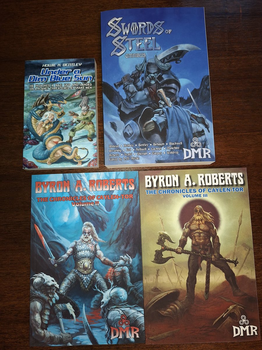 Nice lil mail day from @dmrbooks ! Cheers to @Byron_Roberts founder of Bal-Sagoth. The first Caylen-Tor book was great so had to get the others (also a Under a Dim Blue Sky on his recommendation). Sword of Steel Omnibus seems awesome,  a collection of stories some written by