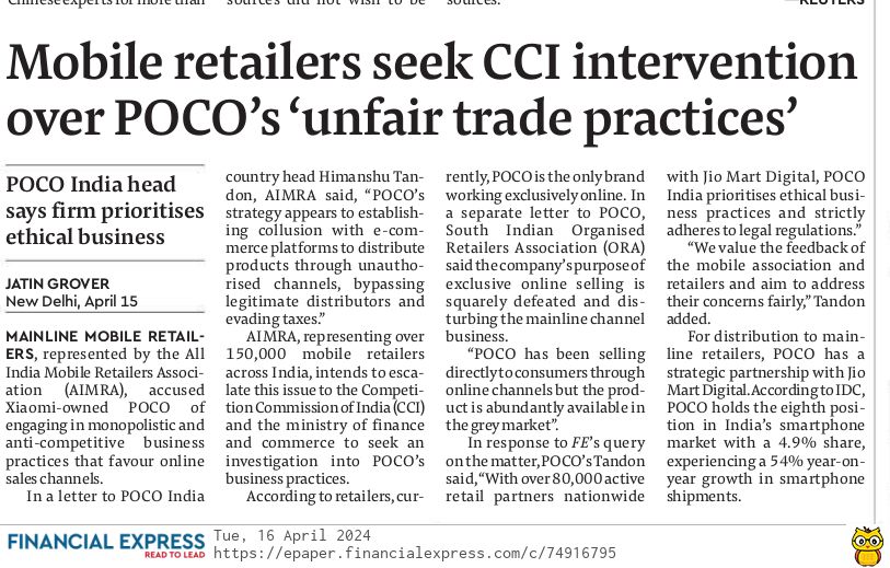 AimraIndia's tweet photo. How can a company cater to 1.50 lakh retailers with only 4 Mainline (Offline) distributors in India? 🤔 
Abundant grey market @IndiaPOCO phones are being sold, with no employee market visits in over a year.
Departmental enquiry will reveal the truth.🕵️‍♂️ #SupplyChainManagement #RetailStrategy #MarketResearch #CorporateAccountability

@cbic_india @gstindiacom @DPIITGoI @CCI_India @leijun @CAITIndia @OraIndia1 @rai_india @ICEA_India @cwbtaofficial1 @ficci_india @jatingroverr @FinancialXpress @PTI_News @AndroidAuth @PhoneArena