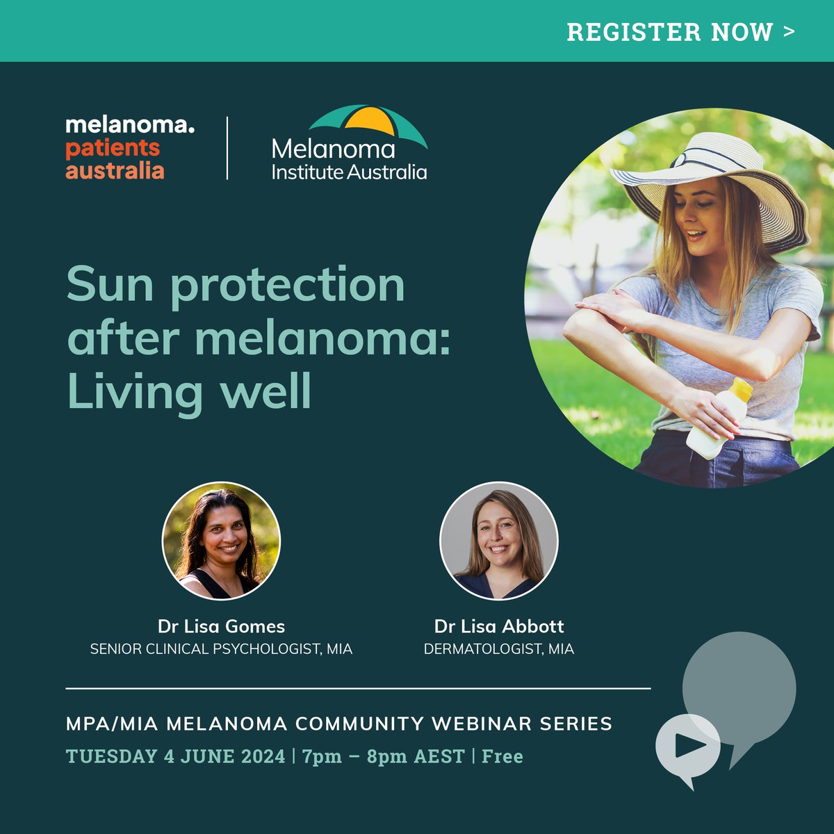 Join MIA & @melanomasupport for an informative series of free webinars for #melanoma patients & carers. Webinar 1 will discuss 'Sun protection after melanoma: Living well', followed by a Q&A. Presented by Dr Lisa Gomes & Dr Lisa Abbott. Register > melanoma.org.au/event/mpa-mia-… #Webinar