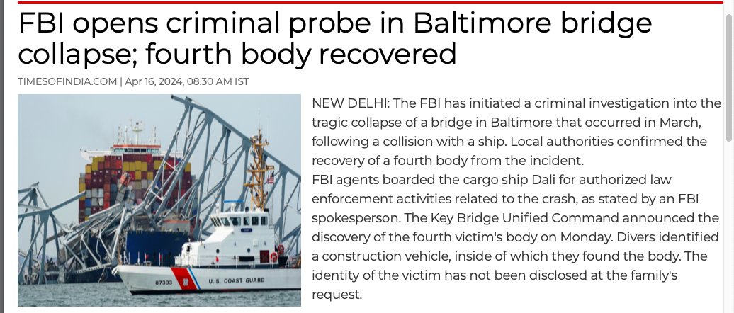 FSUIINDIA's tweet photo. @PMOIndia Why always #Seafarers? accident of Baltimore bridge shows machinery failure, Criminal Probe  by FBI ?? showing absence of support to Our Seafarers. @DrSJaishankar @shipmin_india 
FBI opens criminal probe in Baltimore bridge collapse https://t.co/5MJZtRyjxY @timesofindia https://t.co/HnjTkFjYaf