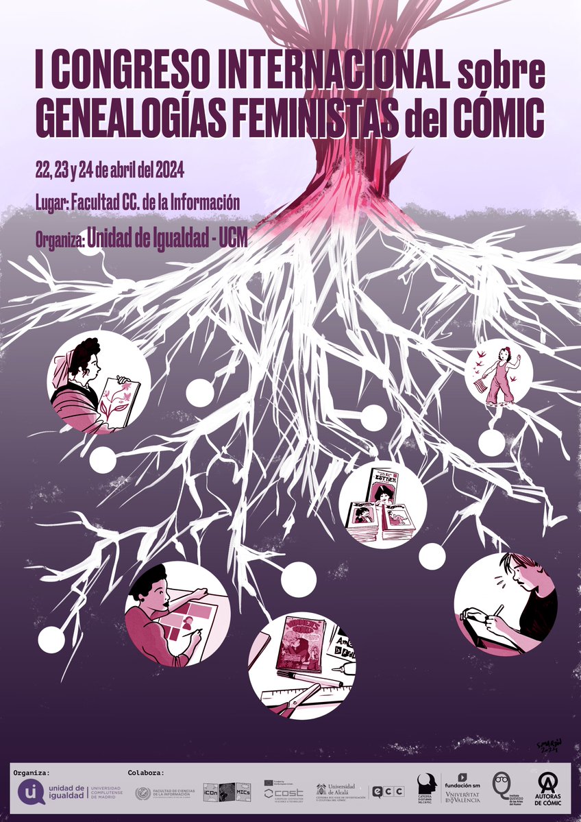 Muy contentas de presentaros el Primer Congreso Internacional sobre Genealogías Feministas del Cómic, que tendrá lugar del 22 al 24 de abril en @UCMccinf 👉 t.ly/s8YbI 💭 Cartelazo de @susannamarteen 🖌️