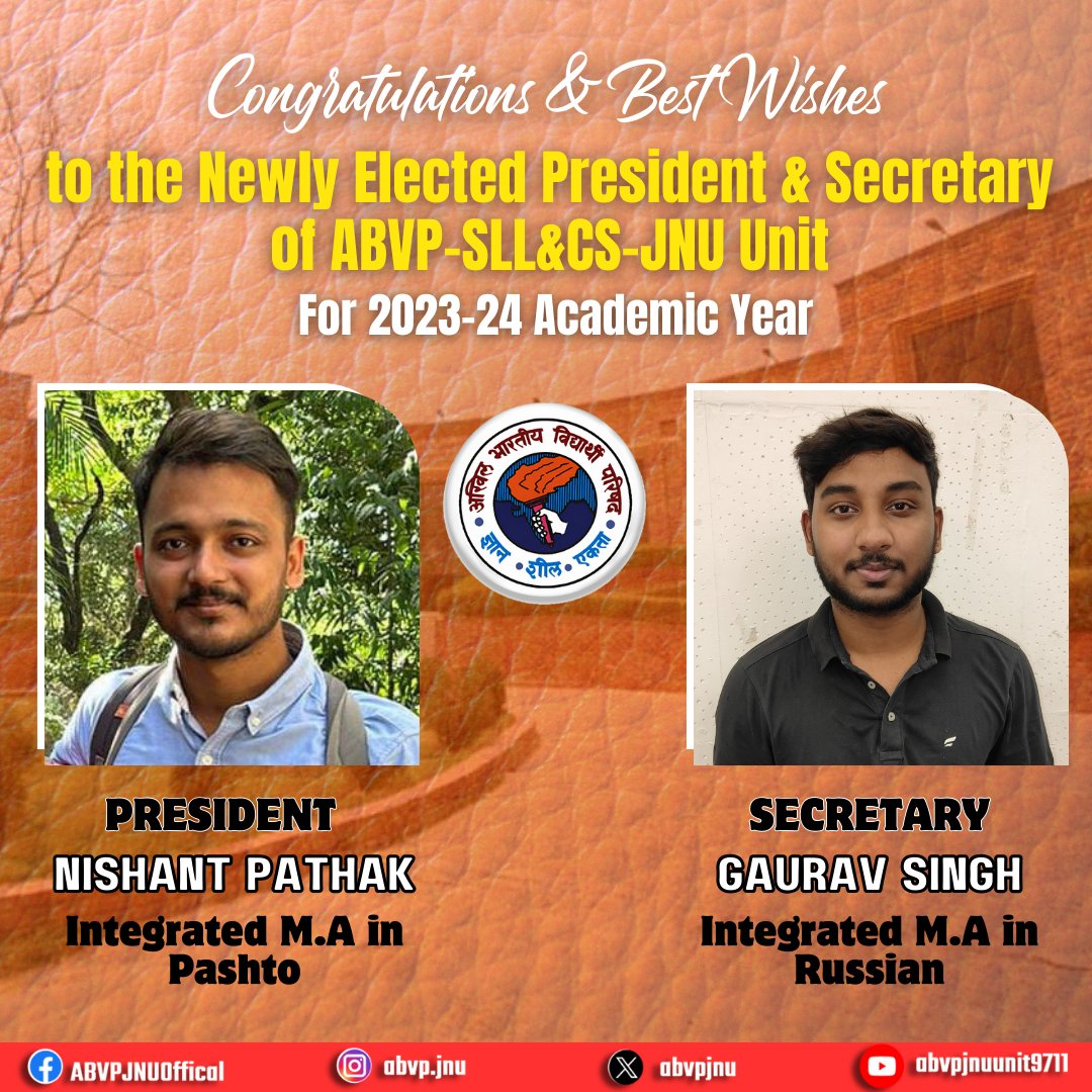 abvpjnu's tweet photo. Many congratulations and best wishes to the newly elected President, Nishant Pathak and Secretary, Gaurav Singh of ABVP-SLL&amp;CS-JNU Unit. 
#ABVP #JNU https://t.co/YPaOqMBhAM