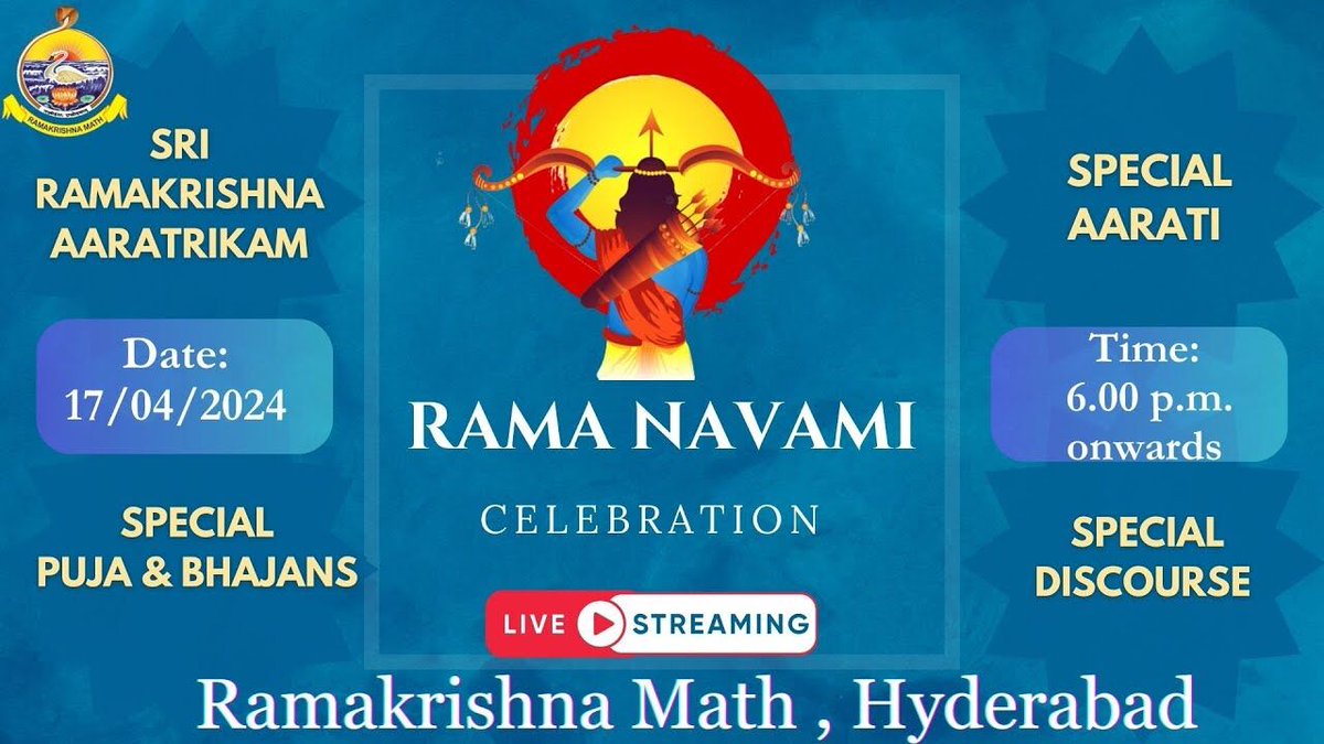 Watch Sri Rama Navami. Webcasting on 17.03.2024 
 06:00 pm Vishnu Sahasranama Chanting
                    (by Devotees and Volunteers) 
06:30pm Sri Ramakrishna Aratrikam
 07:00pm Puja & Bhajans 
 08:15pm Special Aarathi 
through our LIVE streaming
 link:youtube.com/user/Ramakrish…