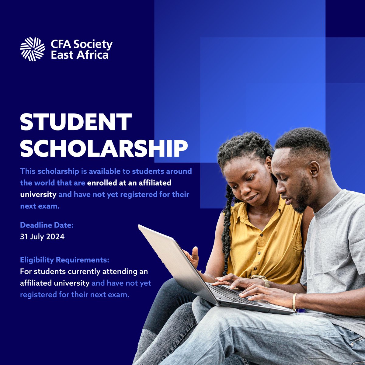 🚨 Attention students! Don't miss out on the opportunity to apply for the CFA Student Scholarship before the deadline on July 31, 2024. Visit cfainstitute.org/en/programs/cf… for more details and to apply now! #CFAStudentScholarship #CFASocietyEA