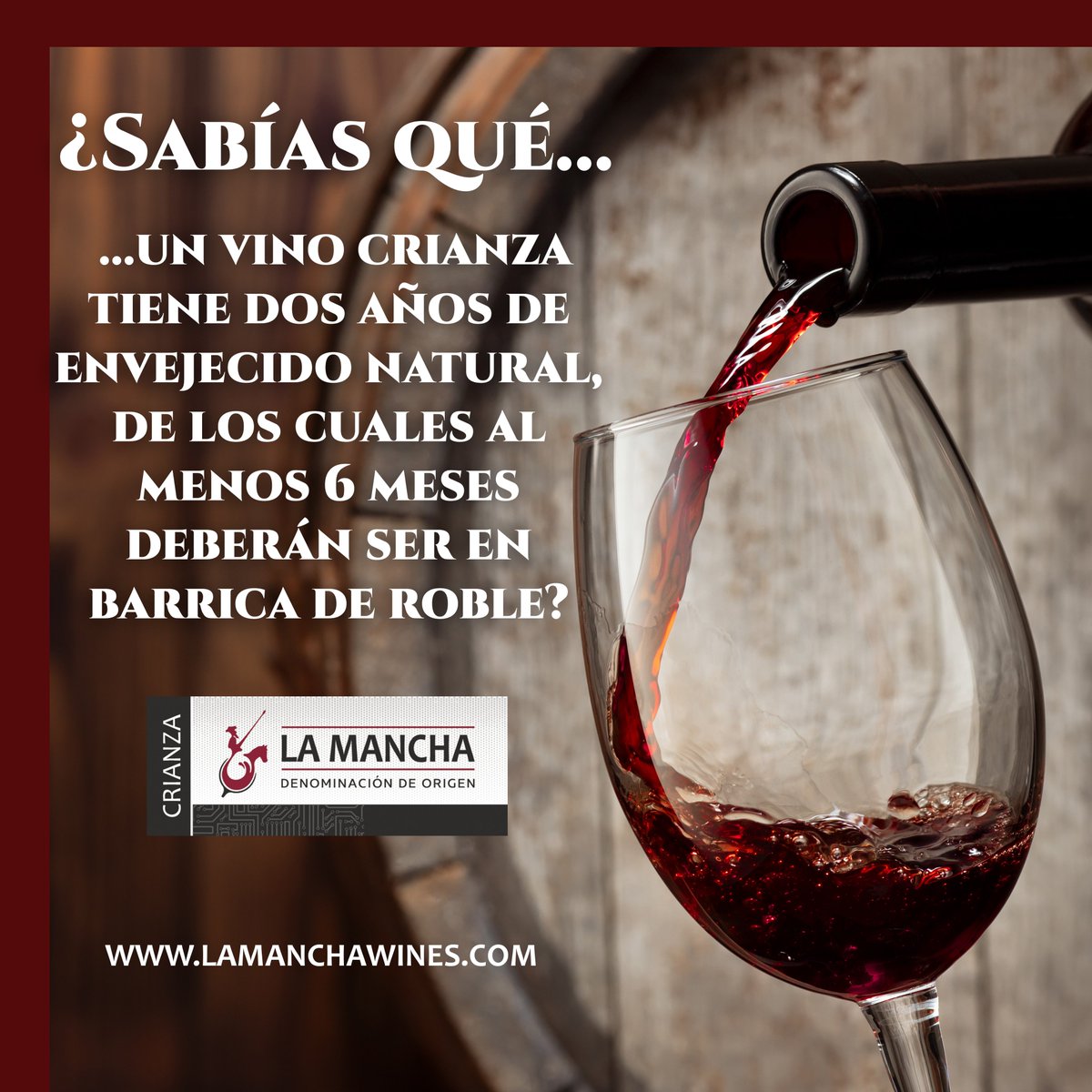 ¿Sabías qué un vino crianza 🍷 tiene al menos 2 años de envejecimiento natural, de los cuales al menos 6 meses deberán ser en barrica de roble?
.
#vinodelamancha #culturadelvino #vinocrianza #DOLaMancha #barricasderoble #winelover #vinosdecalidad #denominaciondeorigen