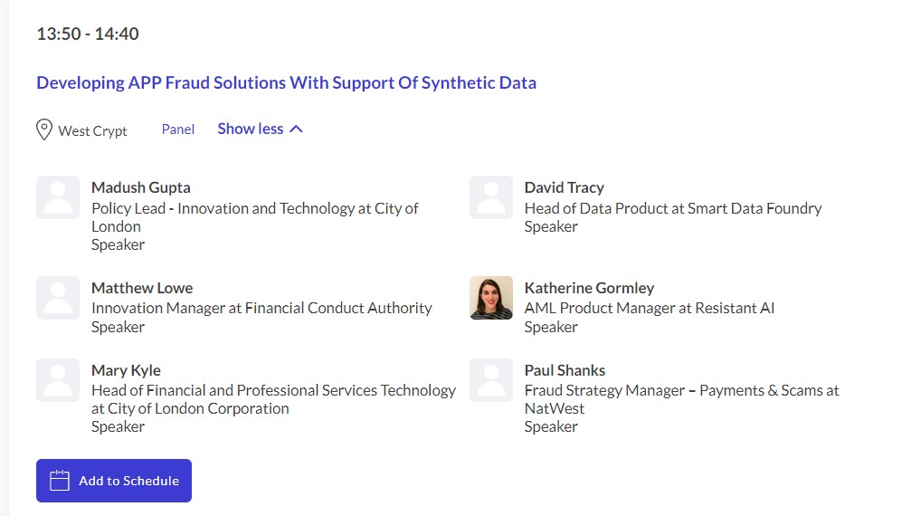 At @InnFin's #IFGS2024 today? Interested in #APPfraud? Then you can't miss this panel at 13.50 to hear how our #syntheticdata powered the recent @TheFCA  APP Fraud Techsprint.