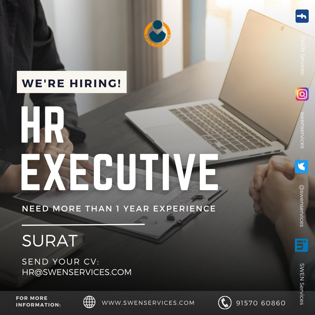 #hiringalert #hrexecutive
#swenservices is hiring for leading jewelry company for Mahidharpura, Surat.
Position :: HR Executive
CTC :: Up to 20K
Need more than 1 year experience
Call or share your resume on 9157060860 for more details.
#hrexecutive #recruitment #humanresource #hr