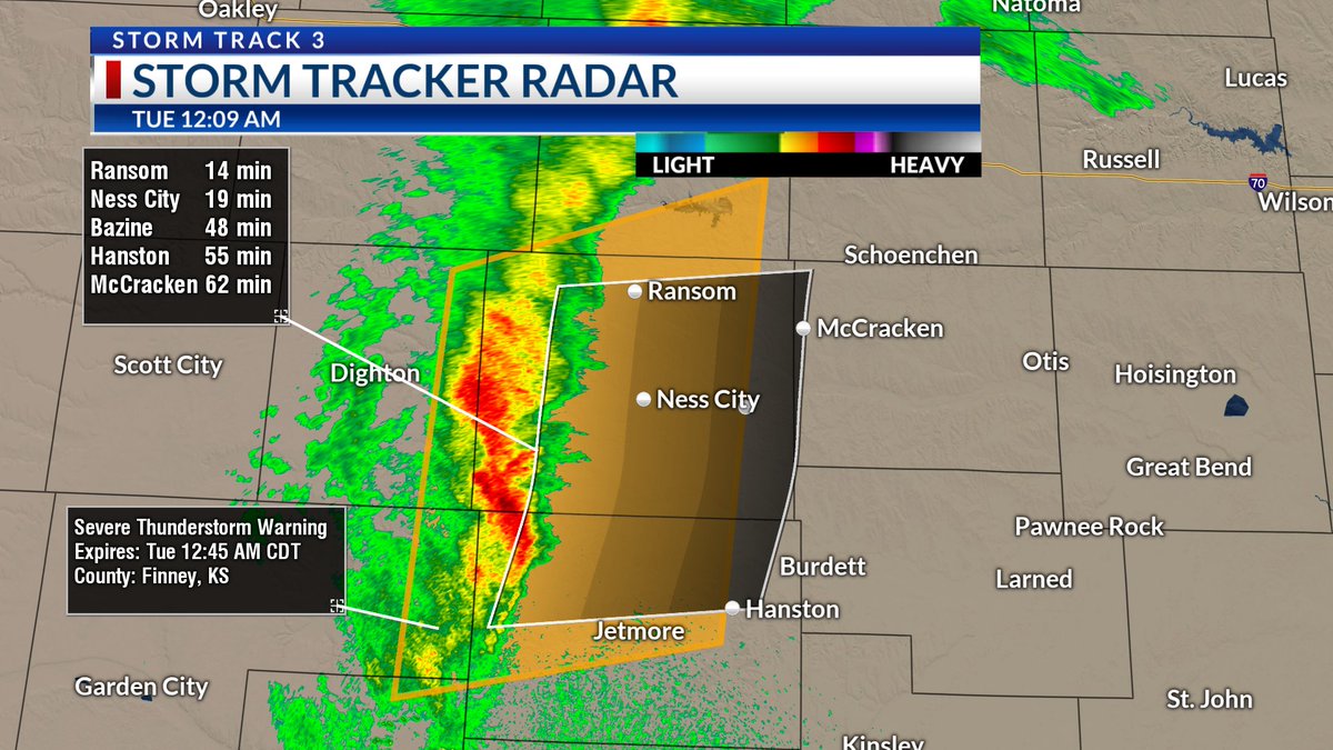 A SEVERE THUNDERSTORM WARNING has been issued for Hodgeman, Trego, Finney, Ness, Lane, and Gray counties through 12:45 AM Tuesday. This line of storms is tracking east at 25 MPH and producing small hail and 60 MPH wind gusts. ksn.com/weather @KSNNews @KSNStormTrack3 #kswx