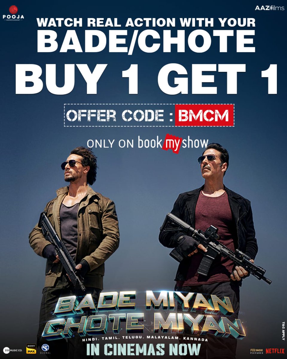 Double the reason to watch #BadeMiyanChoteMiyan today! Enjoy exclusive 1+1 offer, so go grab your tickets now: bookmy.show/e/BMCM #BadeMiyanChoteMiyanInCinemasNow @akshaykumar @iTIGERSHROFF @PrithviOfficial @vashubhagnani @aliabbaszafar @jackkybhagnani @honeybhagnani