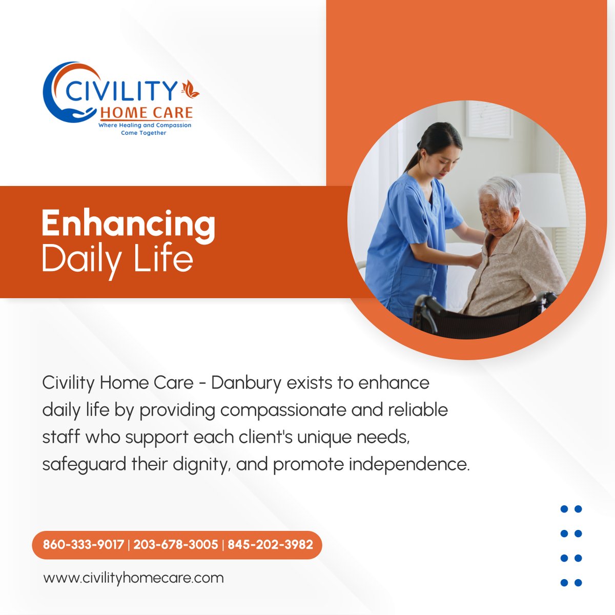 Experience enhanced daily living with Civility Home Care - Danbury's compassionate and reliable staff, dedicated to supporting your unique needs and preserving your dignity. 

#DailyLife #HomeCare #CompassionateCare #DanburyCT #HomeCareAndMedicalSupplies