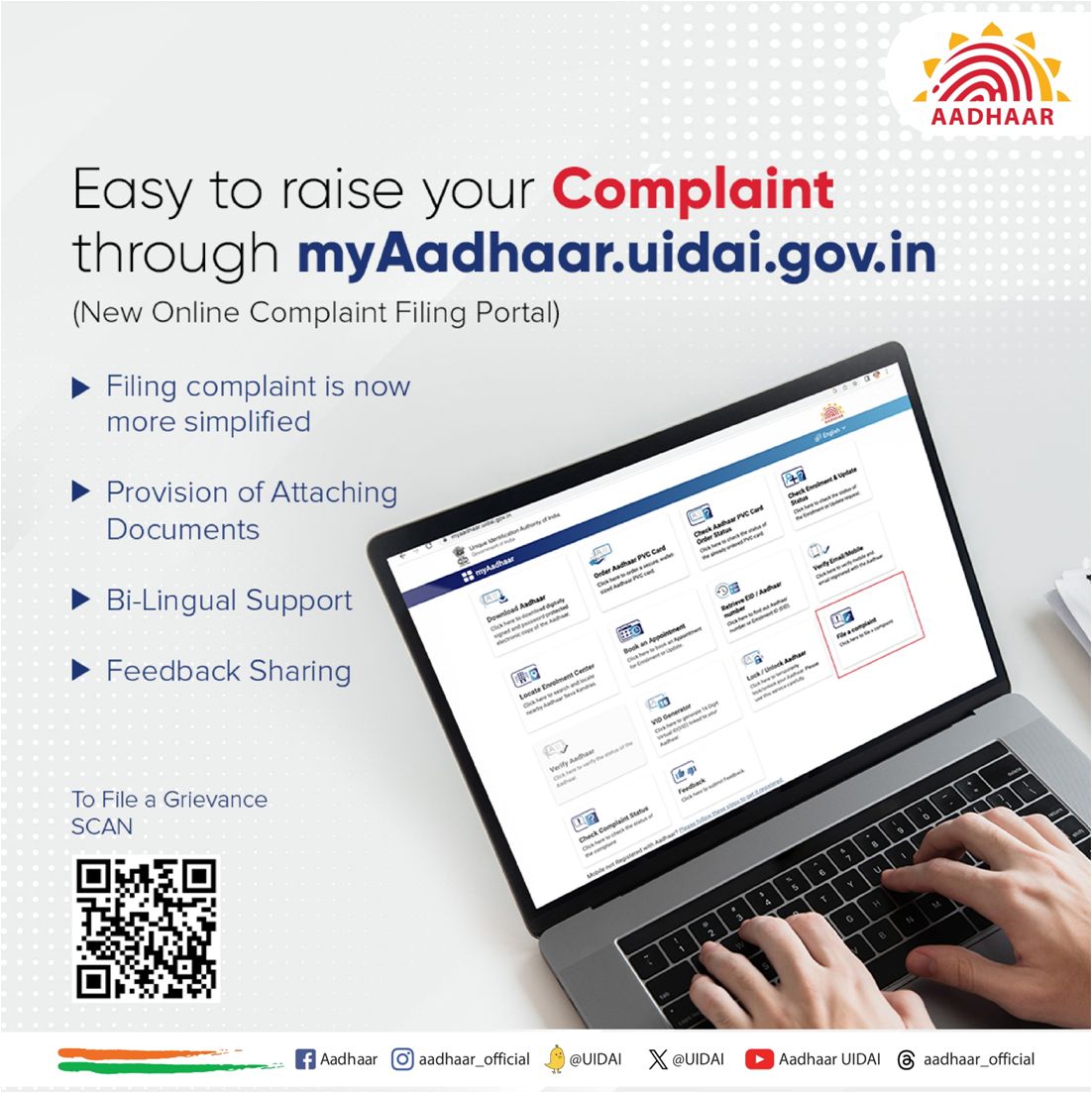 Filing a complaint is now easy with #Aadhaar Individuals can easily file complaints, attach documents, & receive bilingual support. To file a complaint, visit myaadhaar.uidai.gov.in/file-complaint