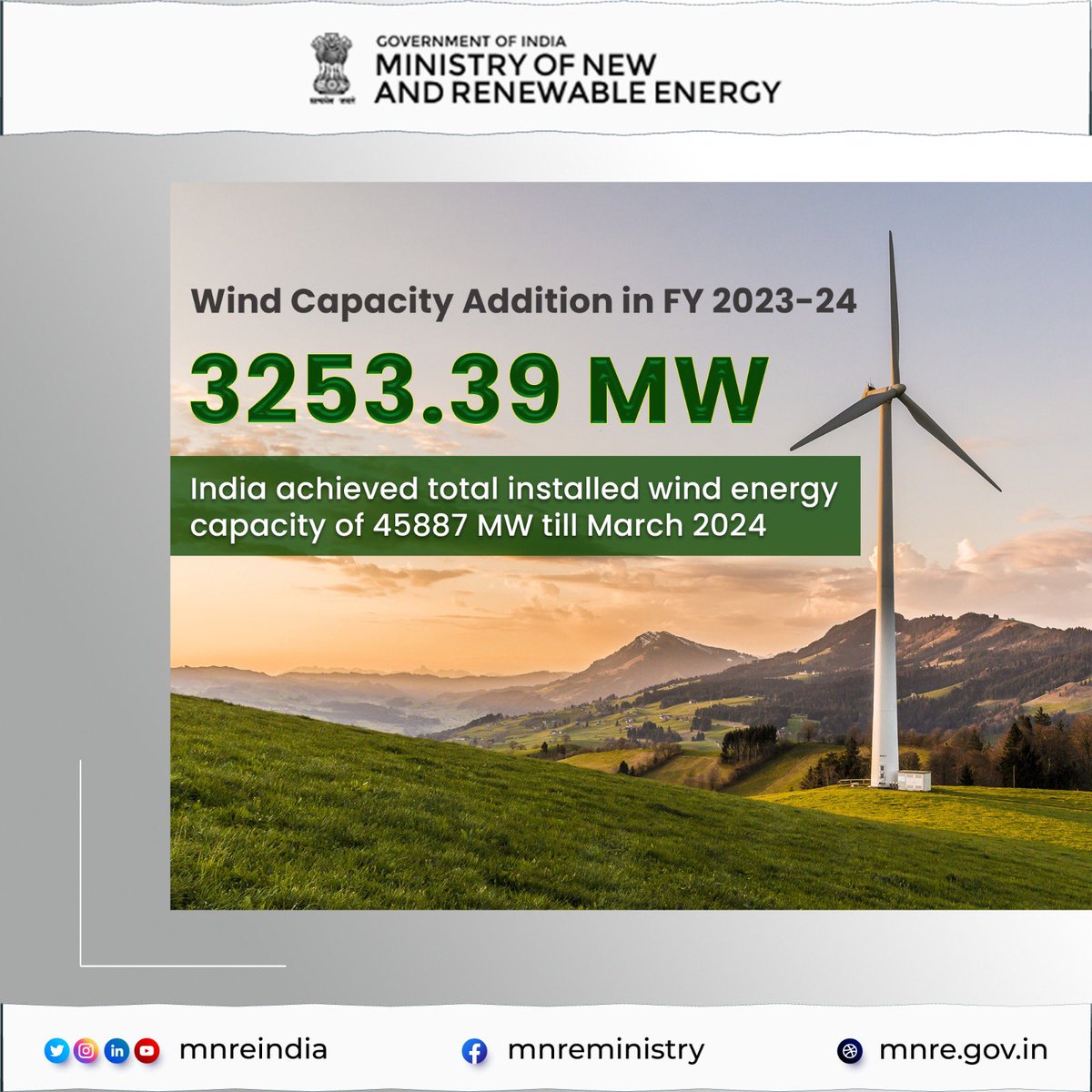 India's wind energy installation surge continues! With a whopping 3253.39 MW added in FY 2023-24, our nation's installed wind capacity now stands strong at 45887 MW. #RenewableEnergy #India #WindPower #MNREIndia