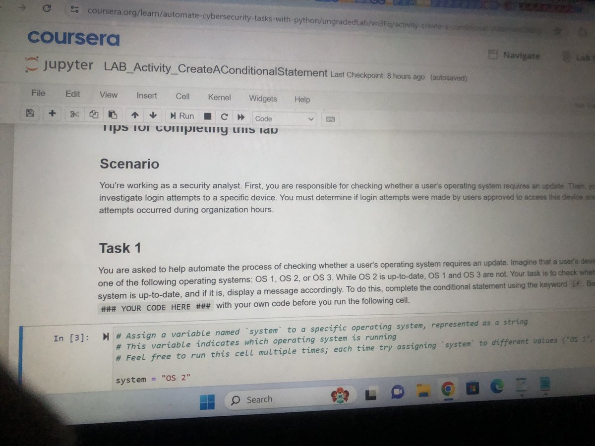 Day 55 #100DaysOfCyberSecurity Things I learnt . 1)Conditional statements in Python 
2)More on conditionals in Python 
3)Lab activity:Create a conditional statement 
#Google #coursera #python #pythonprogramming