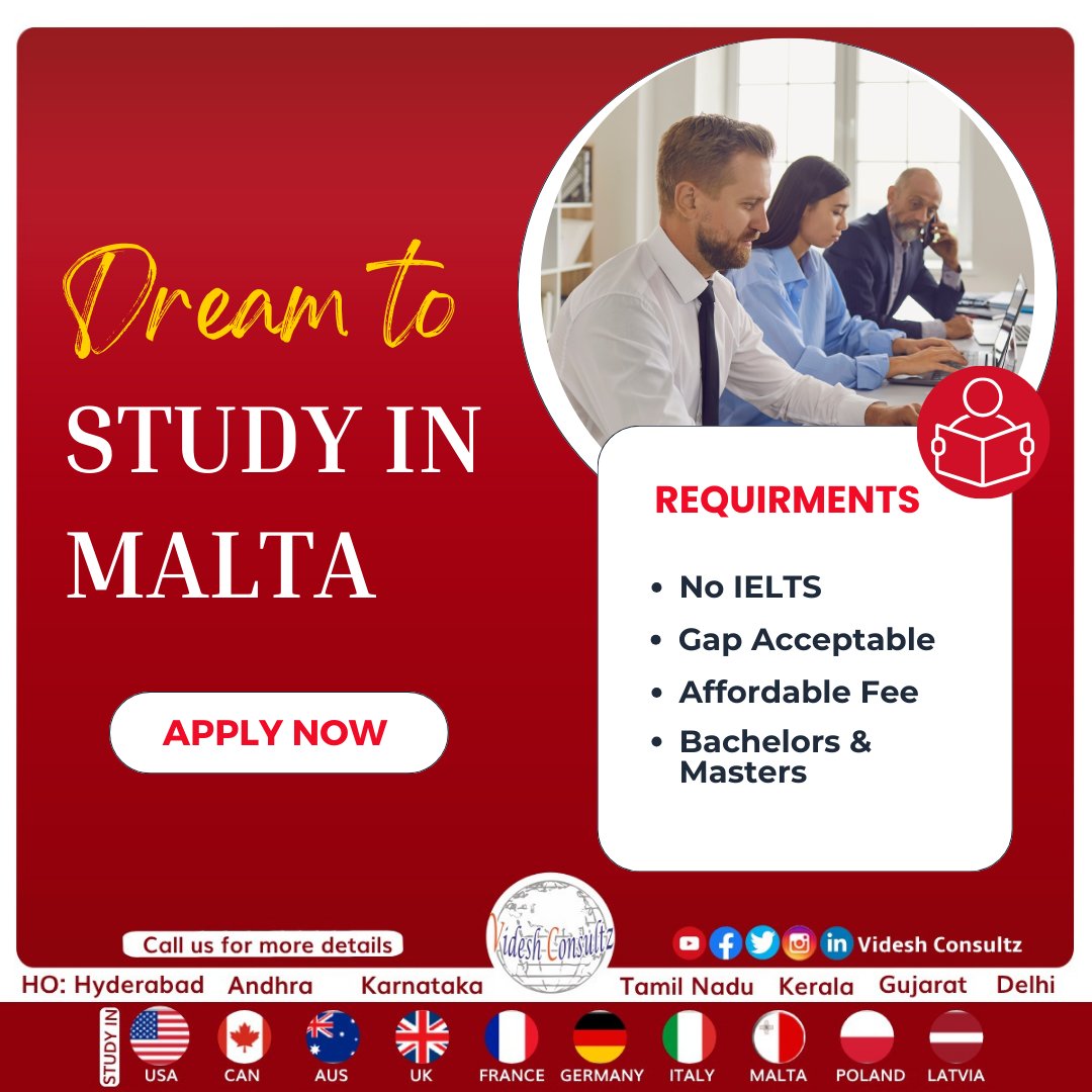 Dreaming of studying abroad? No IELTS required, gap accepted, and with a high visa success rate. Don't miss out on this Schengen visa opportunity - Apply Now and start your adventure! 
#StudentLife #StudyInMalta #VideshConsultz #GlobalEducation #studyabroadadventures #studyabroad