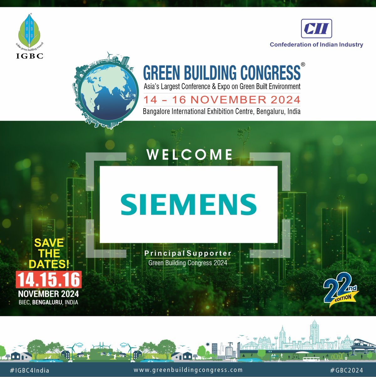 🌱 We're pleased to announce that Siemens Ltd has joined us as a Principal Supporter for the IGBC GBC 2024, scheduled to be held from 14 -16 November 2024 at BIEC, Bengaluru, India! 🎉 Learn more here - greenbuildingcongress.com @FollowCII @SiemensIndia @WorldGBC #igbc #cii