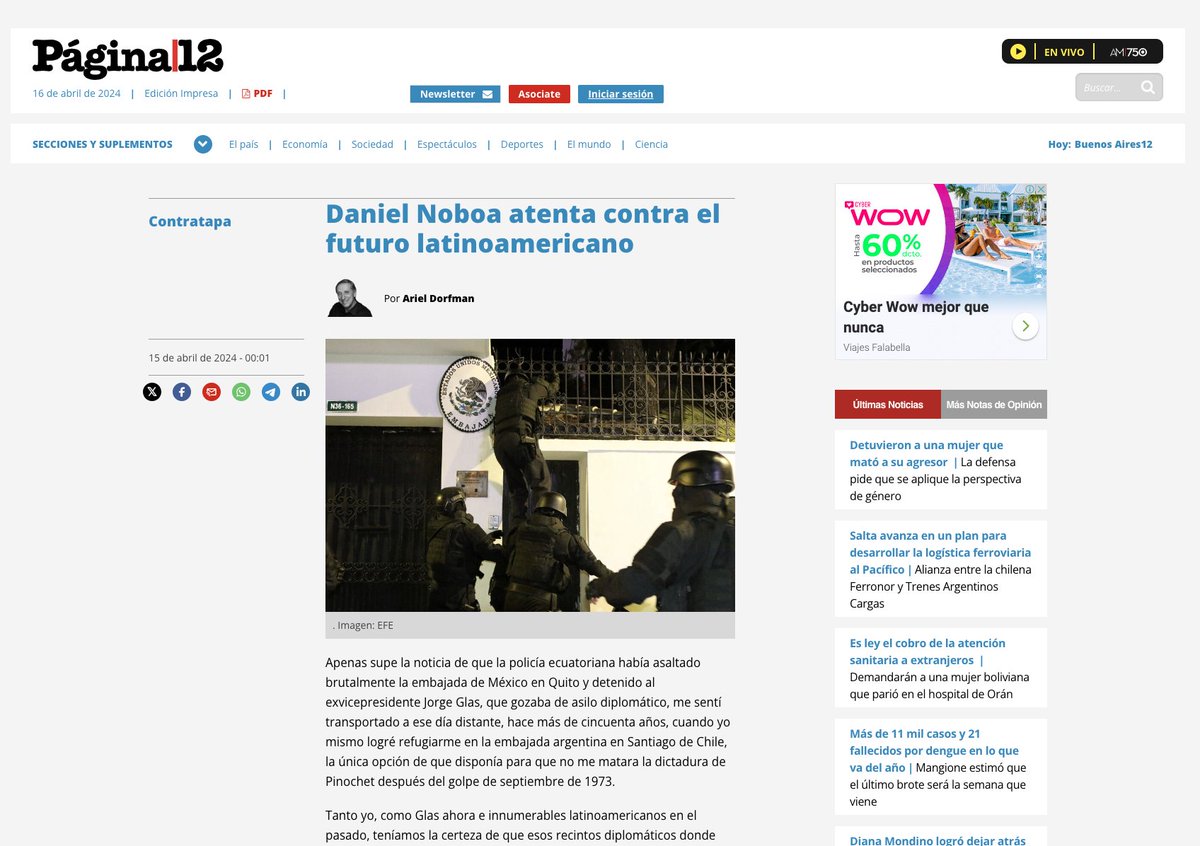 #URGENTE 
¡SOMOS EL HAZMERREÍR MUNDIAL GRACIAS A NOBOA!
Completo análisis del periodista Ariel Dorfman de <a href="/pagina12/">Página|12</a>  acerca de la desquiciada acción realizada por Noboa contra la Embajada de México
El artículo completo aquí: pagina12.com.ar/729123-daniel-…