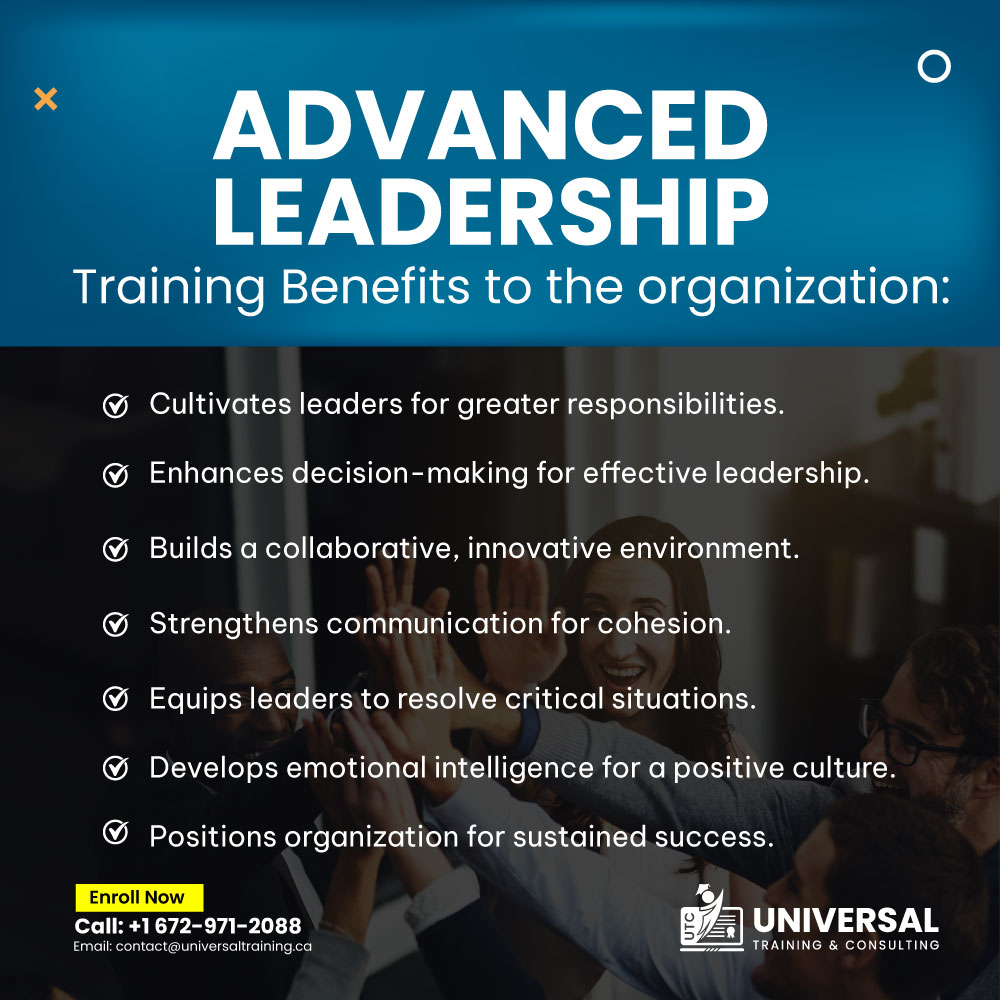 ✨Propel your organization forward with advanced leadership training! Enhance decision-making, foster innovation, and drive sustainable growth.🌟Visit More: universaltraining.ca #AdvancedLeadership #Canada #BC #vancouver
#Surrey #BritishColumbia #Victoria #Certification