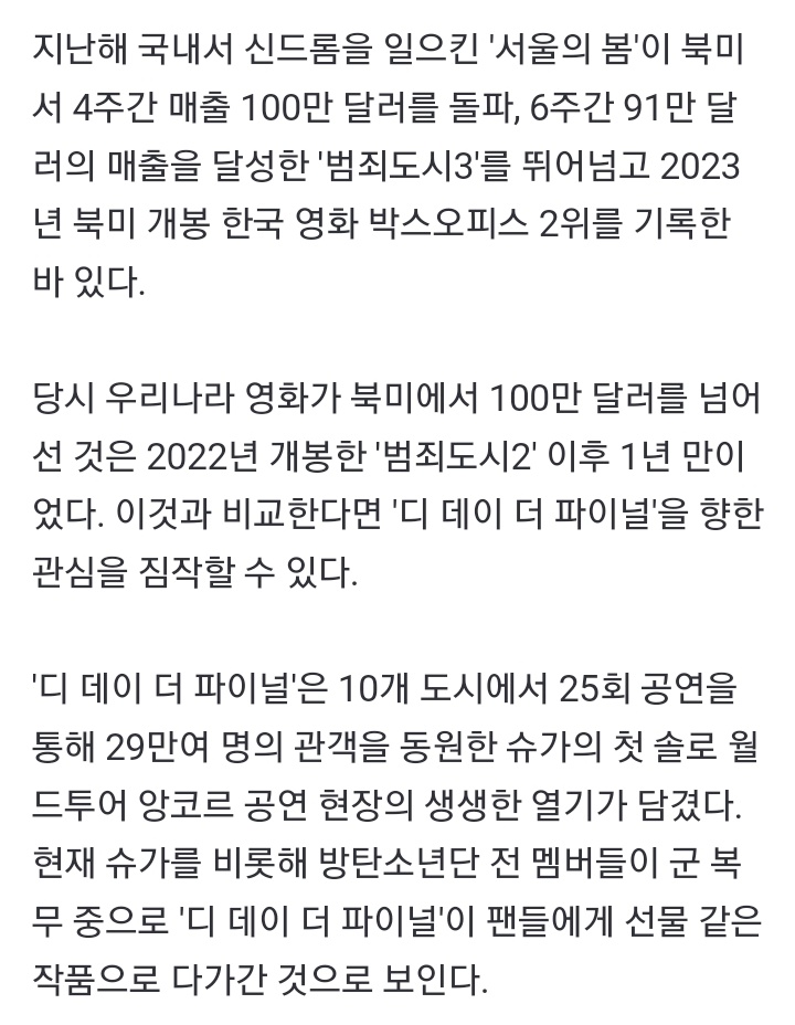 [kmedia]'#SUGA's 'D-DAY THE MOVIE' becomes the most successful Box Office debut for a korean movie doing over $2.2M within 2 days! Previously, 'Spring of Seoul',which caused a syndrome in SK last year,took 4 weeks to reach $1M in US,surpassing 'Crime City 3',which took 6 weeks.'