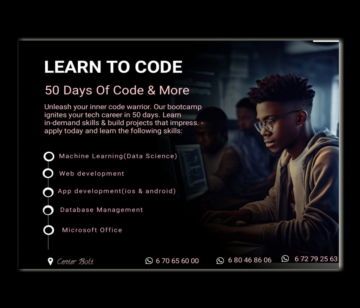 Launch Your Tech Career in Just 50 Days with 50 Days of Code in Bamenda, Cameroon!

#50DaysOfCode #CodingBootcamp #Bamenda #Cameroon #WebDev #AppDev #MachineLearning #MSOffice**