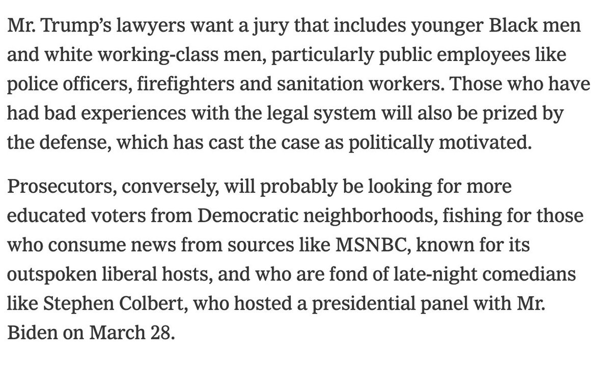 Trump defense wants cops and criminals as jurors as prosecutors want smart people who like comedy. Do I have that right?nytimes.com/live/2024/04/1…