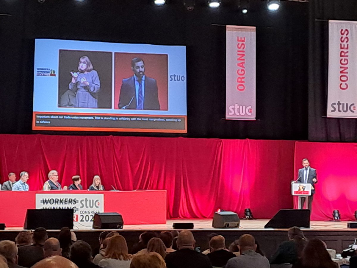 First Minister @HumzaYousaf #STUC24 setting out his values: ➡️ Increased investment in public services ➡️ Strengthening workers' rights ➡️ Tackling poverty ➡️ Supporting WASPI women ➡️ Improving equality He continues to oppose minimum service levels & anti trade union laws.