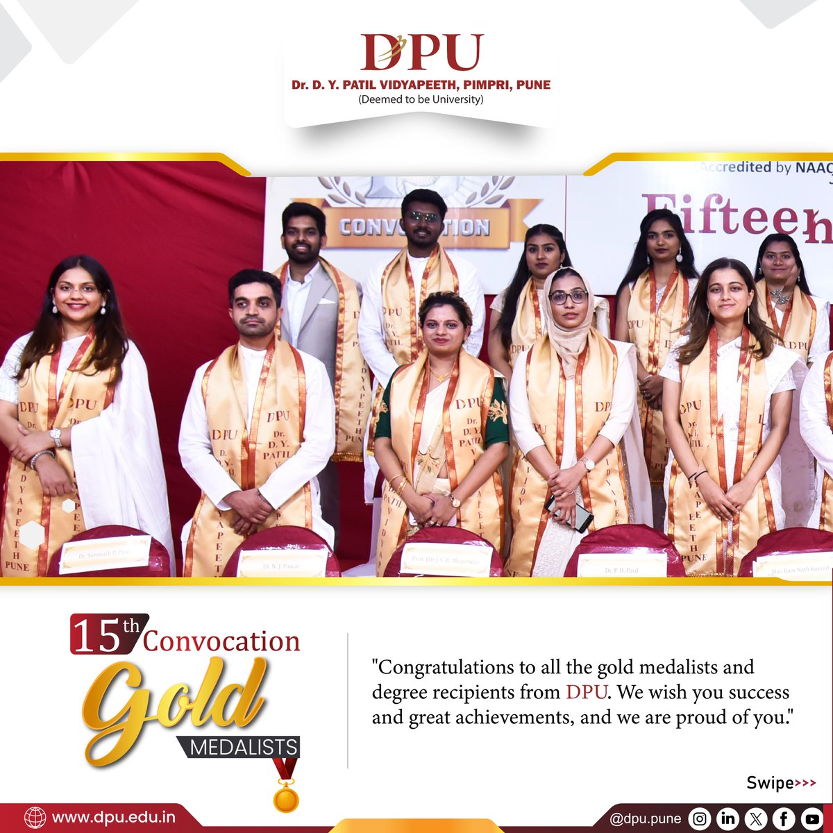 DPUPune's tweet image. "🎉 Congratulations to all the gold medalists and degree recipients from DPU! 🎓 Wishing you endless success and extraordinary achievements ahead. 🌟 We're immensely proud of you! 🚀
.
.
.
#dypatil #15thconvocation #DPUvidyapeeth #DPUpune #DPUpimpri #CelebratingAchievement