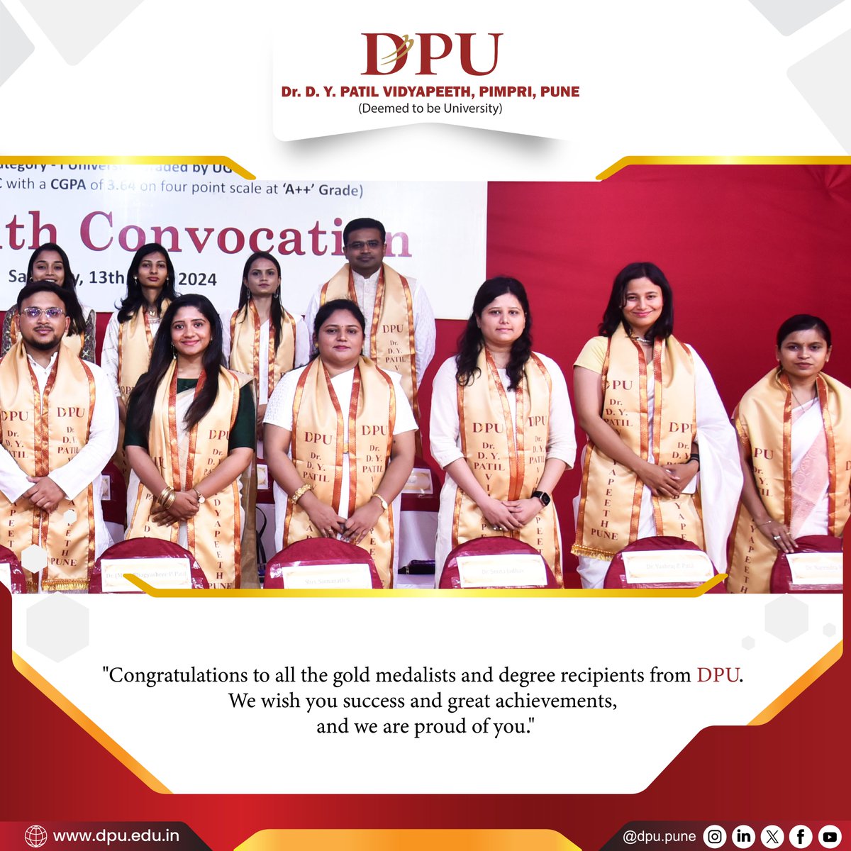 DPUPune's tweet image. "🎉 Congratulations to all the gold medalists and degree recipients from DPU! 🎓 Wishing you endless success and extraordinary achievements ahead. 🌟 We're immensely proud of you! 🚀
.
.
.
#dypatil #15thconvocation #DPUvidyapeeth #DPUpune #DPUpimpri #CelebratingAchievement