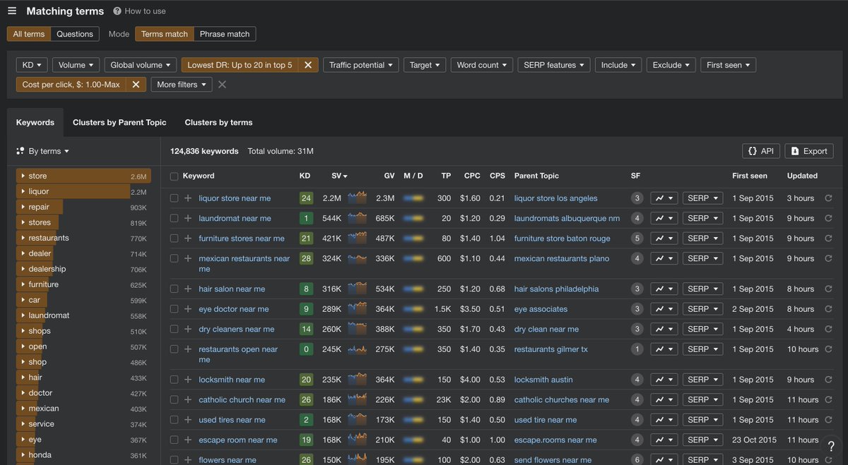 Ilias Ism (@illyism) on Twitter photo I found programmatic SEO ideas worth $$$ 🤑
1. Open <a href="/ahrefs/">Ahrefs</a> keywords explorer:
- Lowest DR: Top 20 (= easy to rank)
- CPC: $1+ (= valuable)
- Keyword: near me (= localized)
You'll see a list of directory keywords! 👇 I found programmatic SEO ideas worth $$$ 🤑
1. Open <a href="/ahrefs/">Ahrefs</a> keywords explorer:
- Lowest DR: Top 20 (= easy to rank)
- CPC: $1+ (= valuable)
- Keyword: near me (= localized)
You'll see a list of directory keywords! 👇