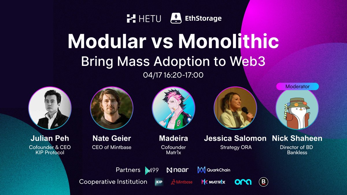 Join us tomorrow for the Modular vs Monolithic event hosted by EthStorage and @hetu_protocol! Let's welcome our speakers! Panel | Bring Mass Adoption to Web3 Moderator: @shaaa256 ➡️ BD Director of @BanklessHQ Guests: ​Julian Peh ➡️ Cofounder & CEO of @KIPprotocol @nategeier…