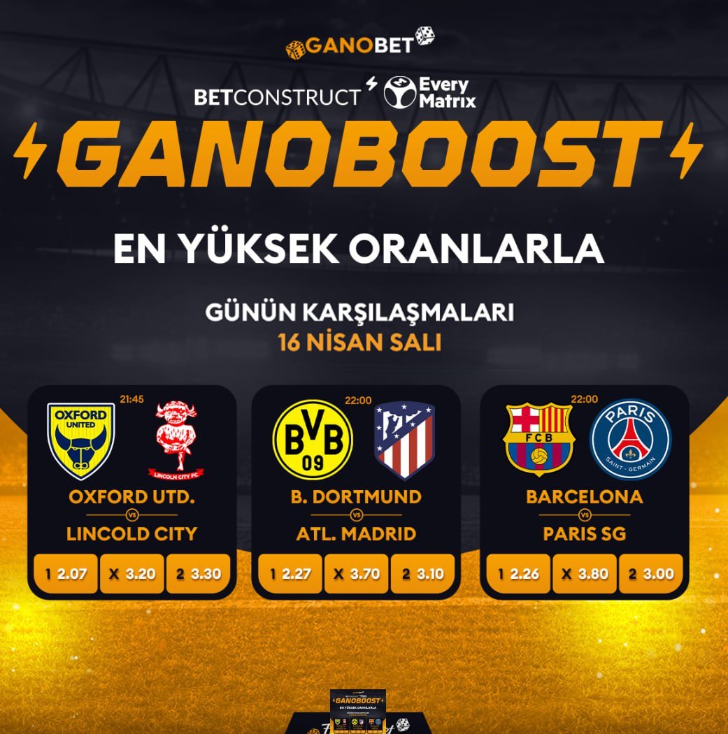 GANOSOSYAL's tweet image. 👍GANOBET Kazancın Adresinde Günün Maçları Sizleri Bekliyor!

⚽️  21:45 Oxford United 🔥 Lincoln City

⚽️  22:00 Borussia Dortmund 🔥 Atletico Madrid

⚽️  22:00 FC Barcelona 🔥 Paris Saint-Germain FC

💎 GANOBET FARKI HİSSET!
