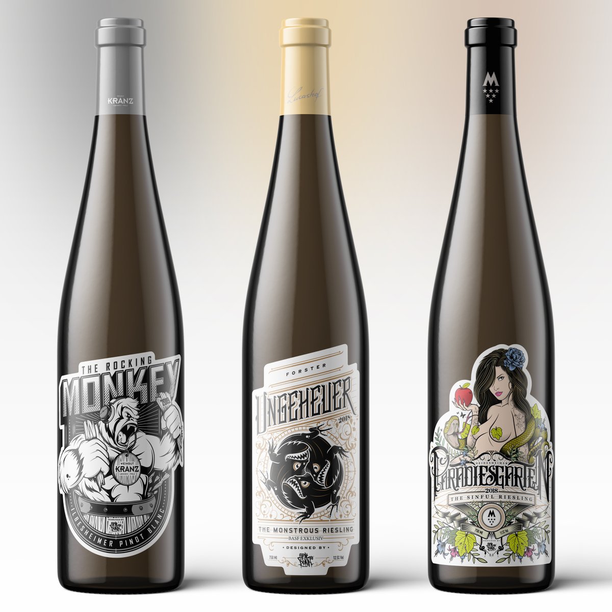 Showcasing some of our gorgeous wine projects for #basfweinkeller + #weingutlucashof + #weingut_kranz 🍷 From left to right we have: The Rocking Monkey, Ilbesheimer Pinot Blanc + Forster Ungeheuer, The Monstrous Riesling + Paradiesgarten, The Sinful Riesling.