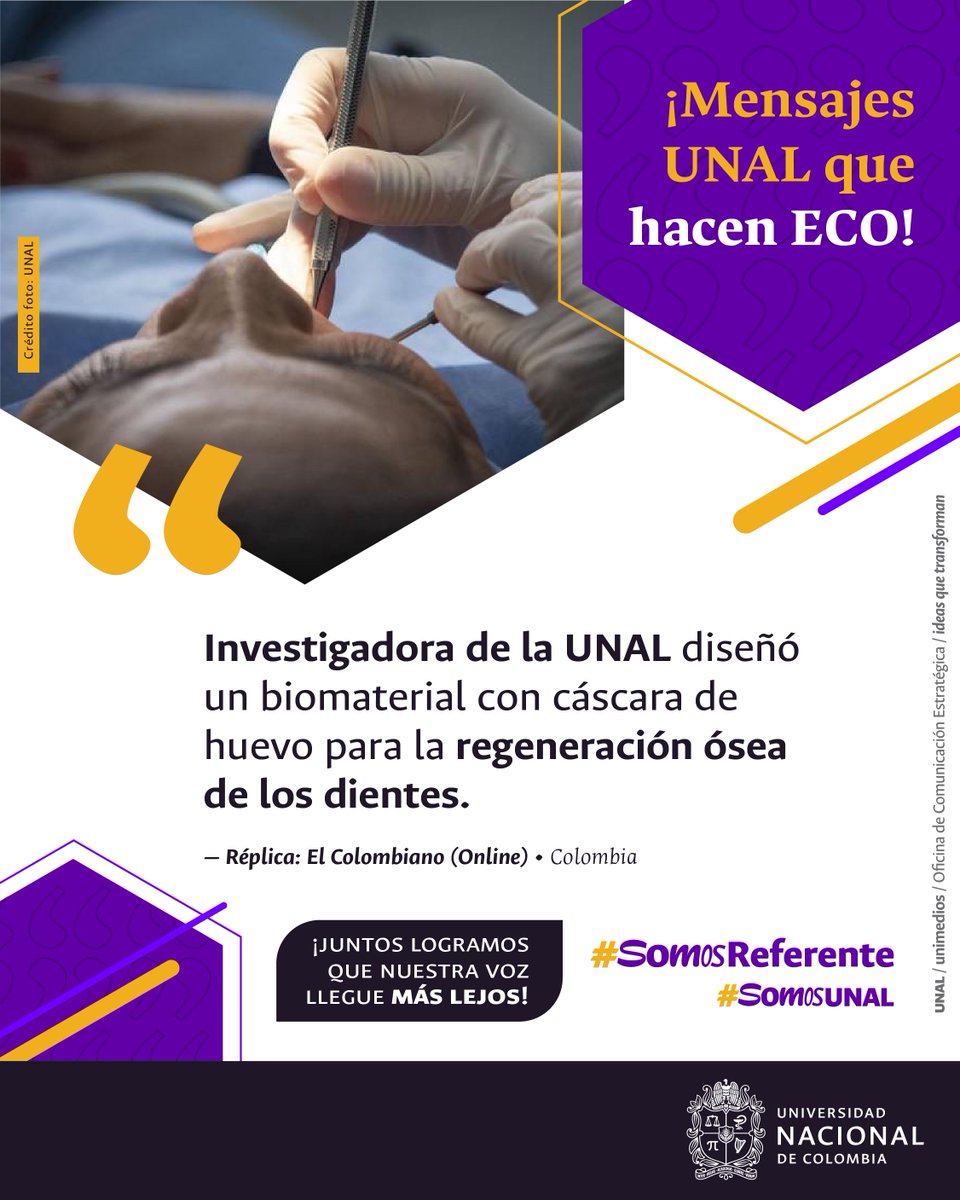 #UNALenMedios 🦷 Magíster en Odontología de la @UNALOficial, diseñó un biomaterial con cáscara de huevo para la regeneración ósea de los dientes. Más detalles 👉 t.ly/a5zGd @ElColombiano #SomosComunicación #SomosUNAL