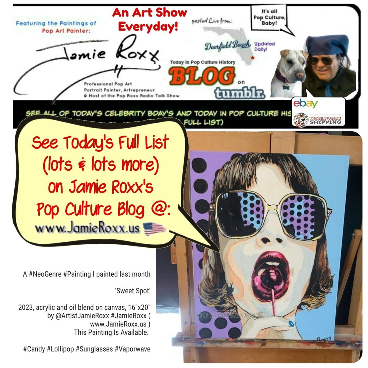 ✔ An Online #ArtShow Everyday!

👉 See TODAYs #Celeb #BDays #PopCulture History, Events, Upcoming 🎧#PopRoxxRadio 🎙️Show & more 🎨#JamieRoxx #Paintings:

➤ JamieRoxx.us

#Blog #Art #WorkingArtist #ArtistsLife #SharPei #Dog #ArtStudio