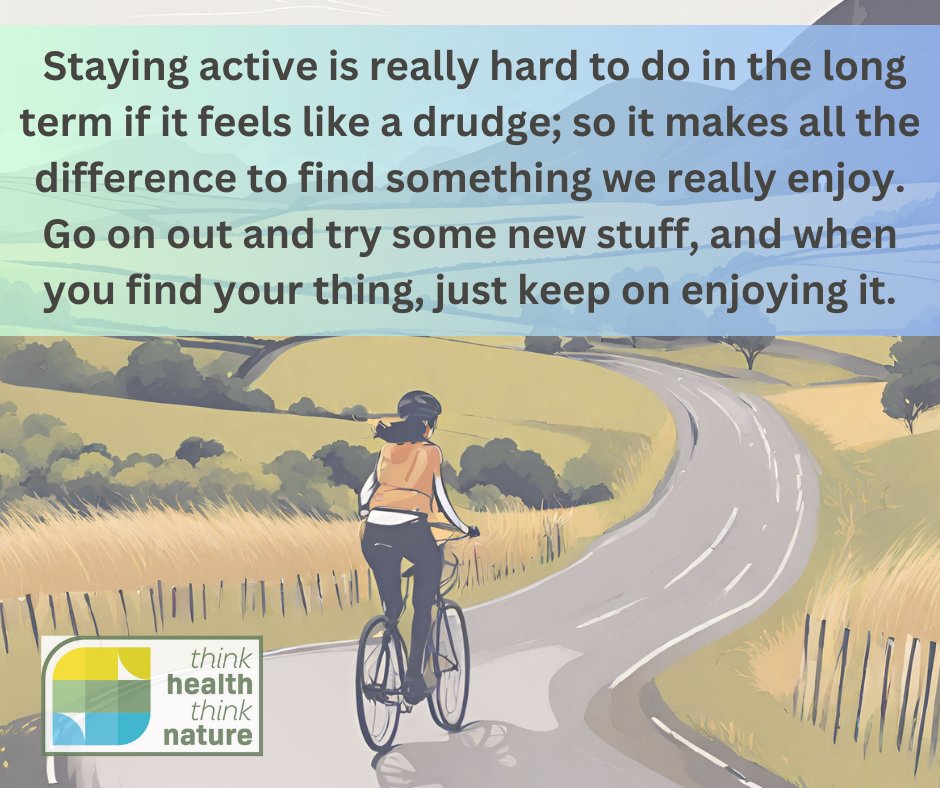 ThinkNature_'s tweet photo. Staying active is really hard to do in the long term if it feels like a drudge; it makes all the difference to find something we really enjoy. Go on out and try some new stuff, & when you find your thing, just keep on enjoying it.
https://t.co/v5wdn5lUI5
#ThinkHealthThinkNature https://t.co/55sySZQijC