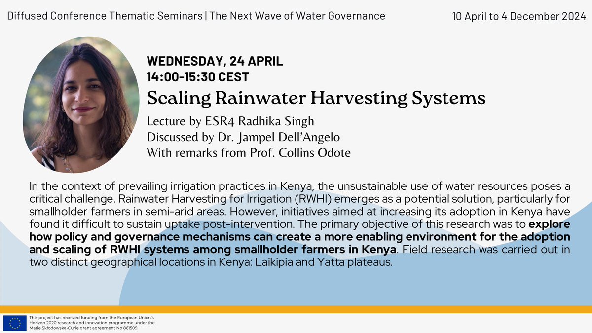 🗓️24 April • 2PM CEST
🌊Scaling #Rainwater Harvesting Systems with NEWAVE Early-Stage Researcher Radhika Singh 
📚2nd session of the “Next Wave of #WaterGovernance” seminar series where our PhDs share insights after 4 years of research

🔗Register here: vu-live.zoom.us/webinar/regist…