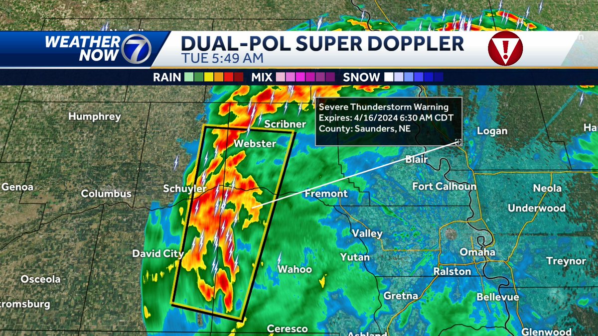 Severe T-Storm Warning issued for Butler, Colfax, Dodge, and Saunders Co. until 6:30AM. 60 mph gusts and penny size hail possible as this storm moves north at 45 mph.