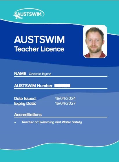 GearoidAByrne's tweet photo. Great to receive my teacher of swimming and water safety license. I can't wait to get back into the pool to continue developing water confidence within students #Austswim #swimmingteacher #pyppe https://t.co/U51wjA9YNI