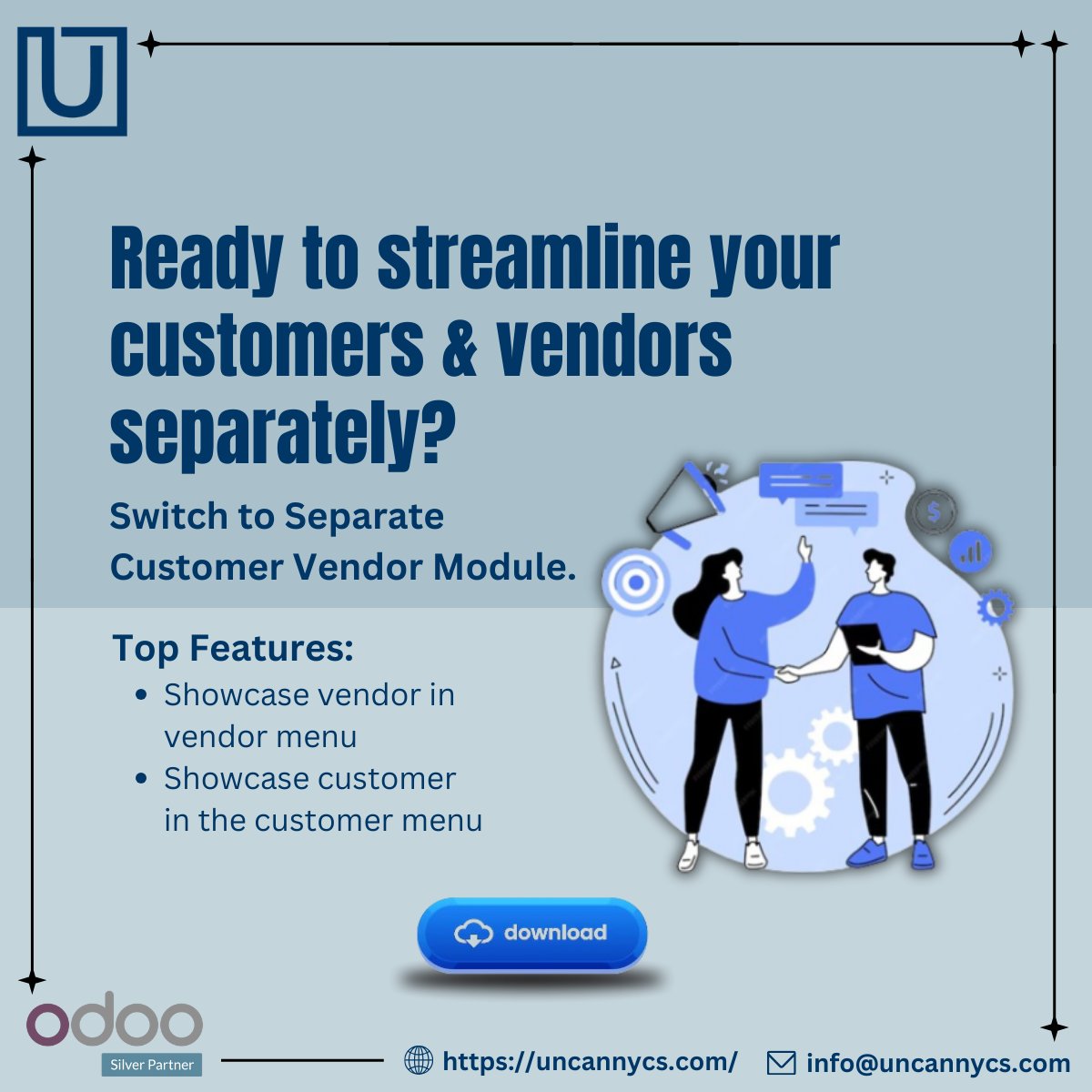 Did you know that?  You can separate your customer and vendor effortlessly.
 apps.odoo.com/apps/modules/1…

#Uncannycs #separatecustomer #streamlinebusiness #odooapps #vendormanagement