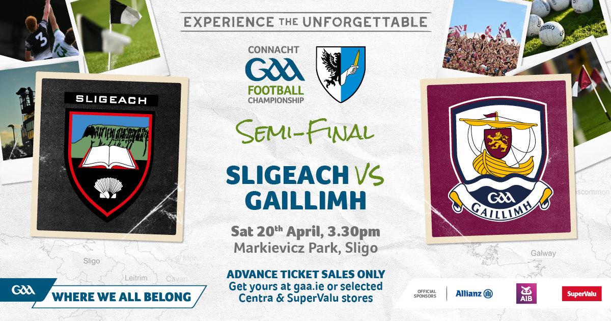 5️⃣ Days to go to the Connacht SFC Semi Final between @SligoGAA and @Galway_GAA in Markievicz Park at 3.30pm! Reminder that this game is advance tickets sales only, get yours through the link below or selected Centra and SuperValus! #ConnachtGAA ticketmaster.ie/connacht-senio…