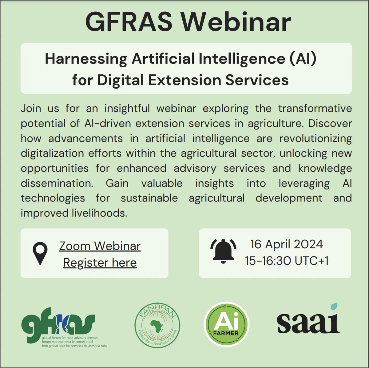 Join us today on this webinar on Harnessing #ArtificialIntelligence (AI) for #Digital Extension Services Register Here 👇👇👇 us02web.zoom.us/meeting/regist… @infogfras