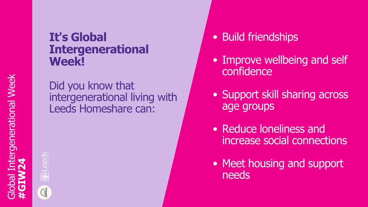 Did you know that intergenerational living via Leeds Homeshare can: 🟣Build friendships 🟣Improve wellbeing and self confidence 🟣Support skill sharing across age groups 🟣Reduce loneliness & increase social connections 🟣Meet housing & support needs #GIW24 #homeshareuknetwork