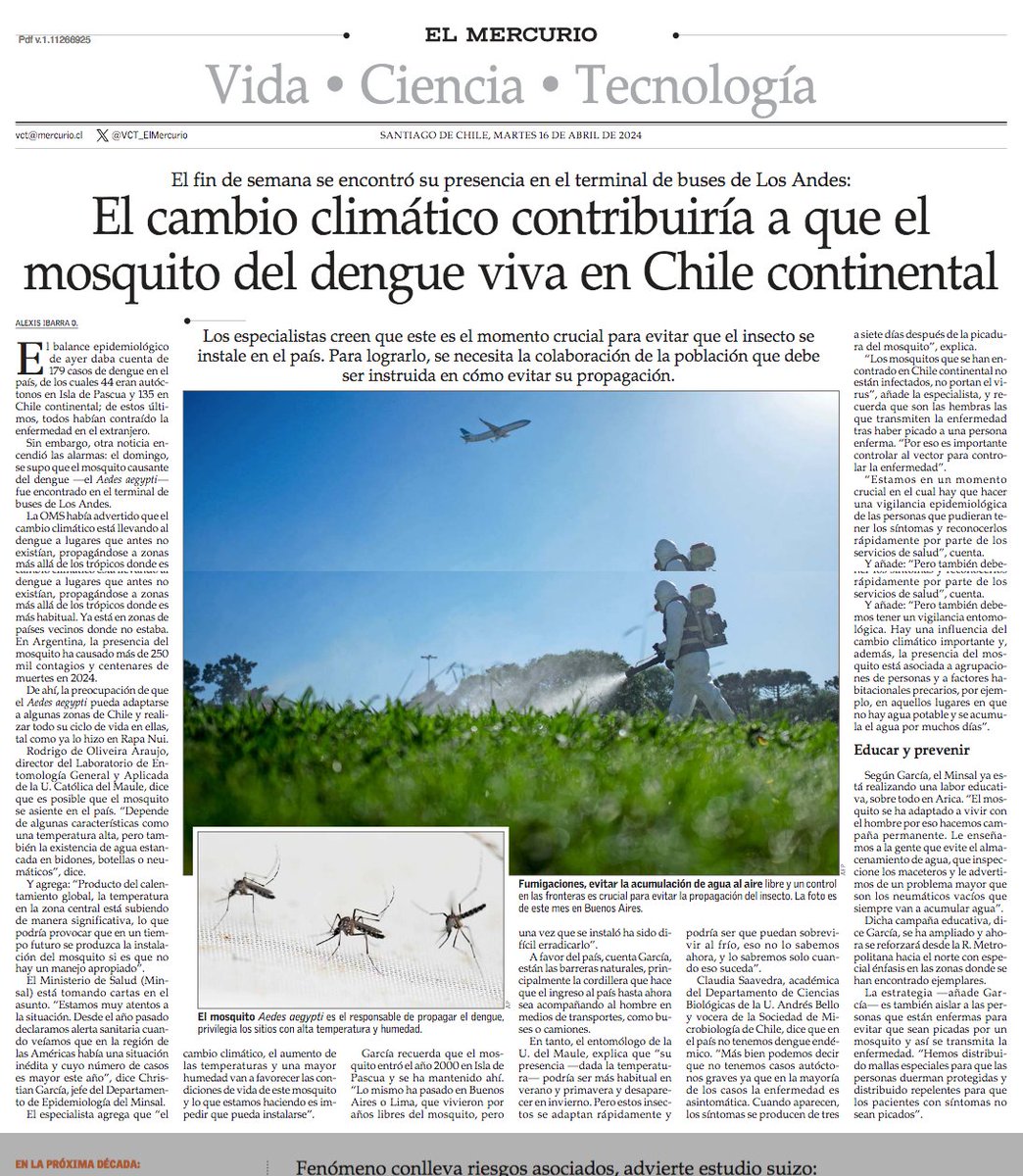 El cambio climático contribuirá a que el mosquito del #dengue viva en Chile continental. El fin de semana se encontró su presencia en el terminal de buses de Los Andes. #VCTElMercurio shorturl.at/ptBQT