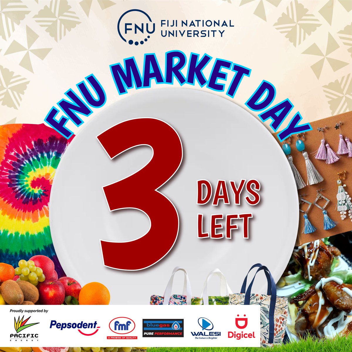 Only 3 days until the FNU Market Day lights up Derrick Campus on April 19, 2024.

Please 📧  ronaldsingh@fnu.ac.fj or ☎️ 8651369 to secure your spot and get all the info you need.

#MarketDay #DerrickCampus #FNUEvent