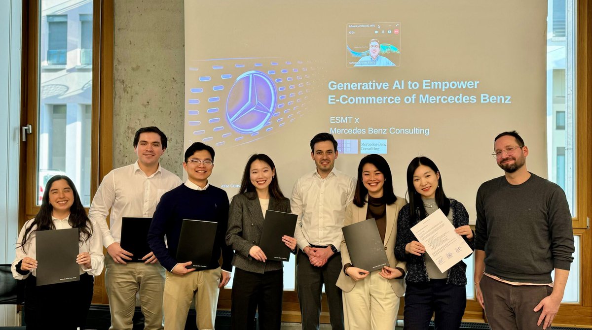 Congratulations to ESMT full-time MBA students for completing a consulting project at Mercedes-Benz Consulting GmbH focused on leveraging Generative AI for transforming automobile e-commerce. Learn more about our Full-time MBA students: ow.ly/MjO250Rg500 #esmtberlin #mba