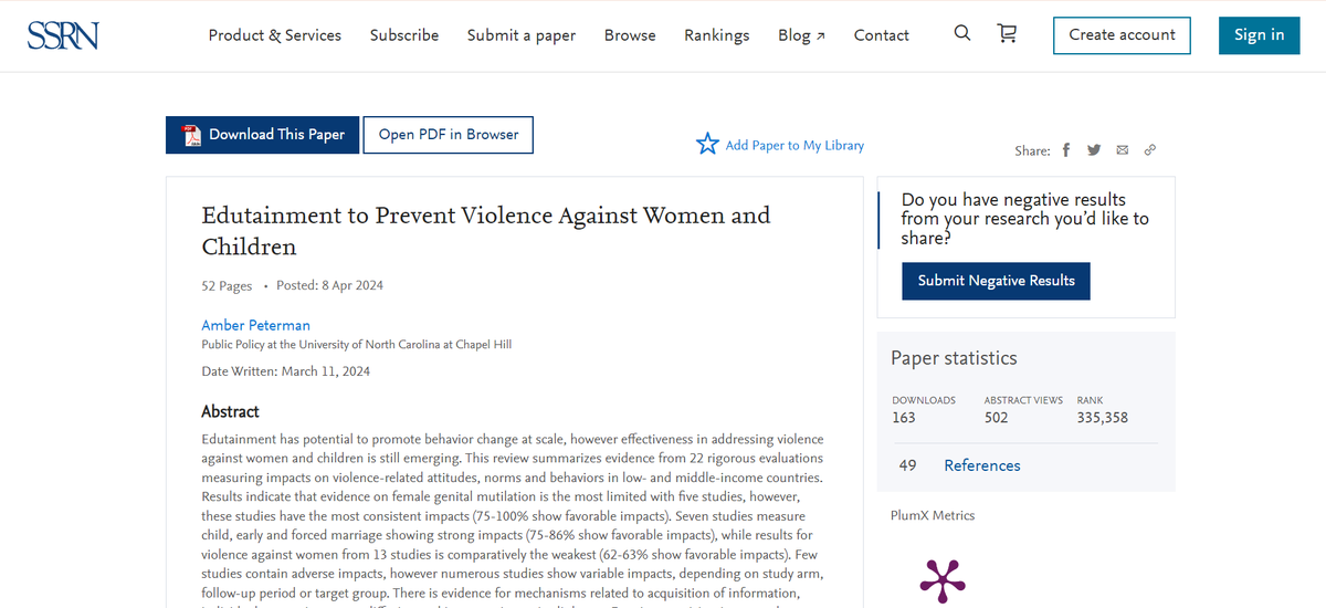 🔎Looking for the latest evidence on the effectiveness of #Edutainment strategies for #VAWPrevention and #VACPrevention? Read this evidence review from @a_peterman 🔖papers.ssrn.com/sol3/papers.cf…