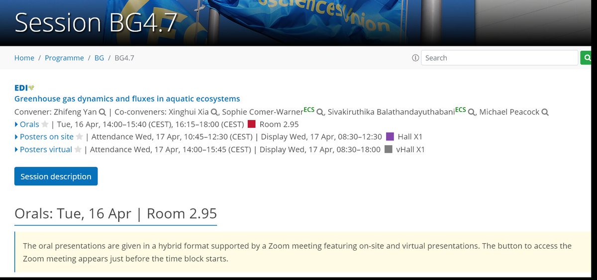 At #EGU2024 and interested in aquatic GHGs? Then come to our session at 2pm this afternoon, and posters Wednesday morning. meetingorganizer.copernicus.org/EGU24/session/…