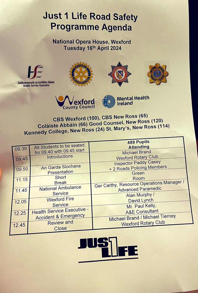 rotarywexford's tweet photo. Rotarian Mike Brand & Inspector Paddy Casey opens Just 1 Life final program in collaboration with @wexfordcoco for this academic year to just under TY 500 students from across County Wexford. #roadsafetyawareness #empoweringyouth #just1life https://t.co/hIUbKlUUen